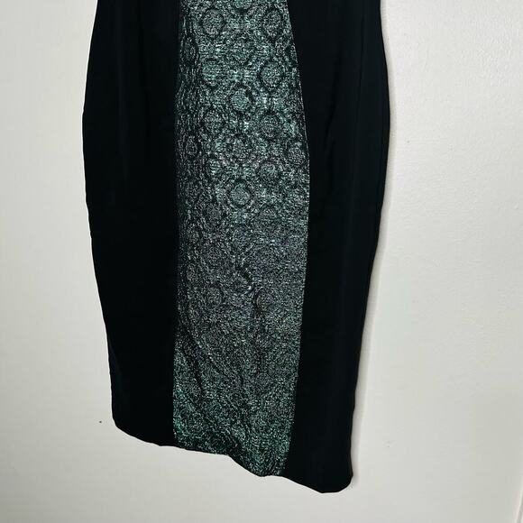 BADGLEY MISCHKA Black Emerald Lurex Jacquard Stretch Green Sheath Dress Size 6 - Picture 12 of 15